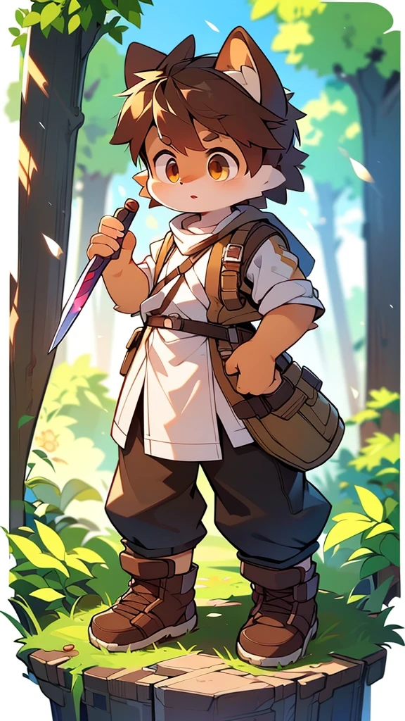 Physical appearance: brave and adventurous with long brown hair and bright brown eyes.badass clothing: Wear a brown leather jacket, olive adventure pants and sturdy hiking boots.Accessories: A pink sword, short and blunt, made of a mysterious metal, that she holds with confidence.Expression: Determined and full of energy, ready to lead the next adventure.