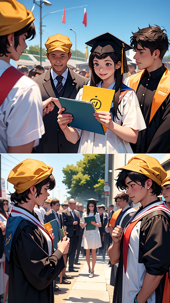 Person wearing a graduation cap, receiving a diploma and being applauded by friends and family. Celebratory and inspirational background. texto: &#39;Promising future!'