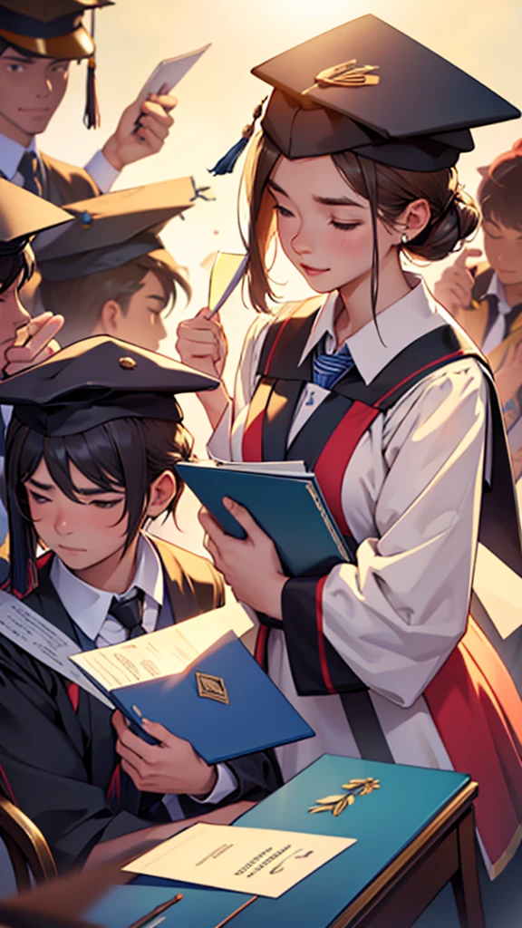Person wearing a graduation cap, receiving a diploma and being applauded by friends and family. Celebratory and inspirational background. texto: 'Promising future!'