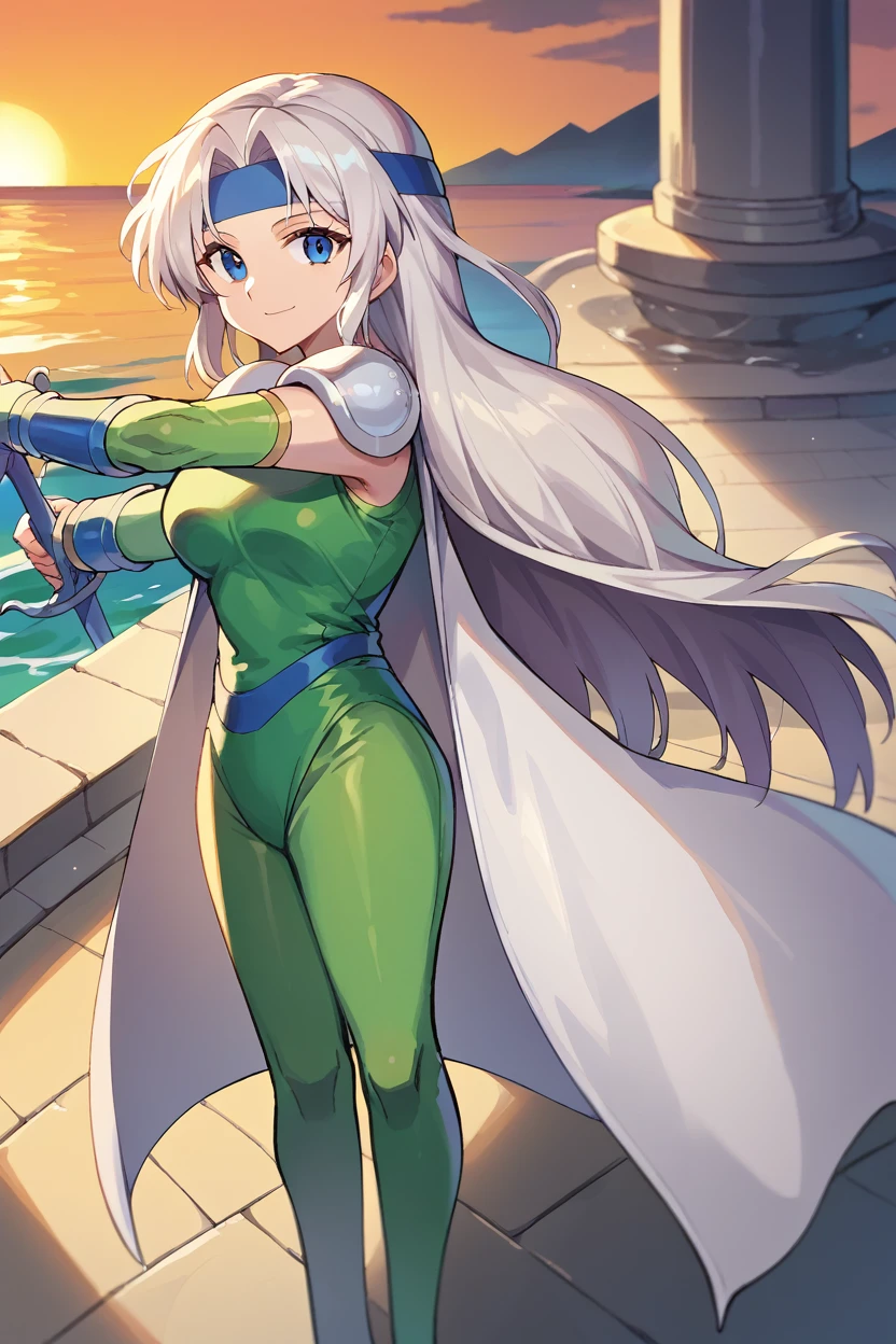 score_9, score_8_above, fountain_cheered up, 1 girl, solo break celes chhere, by rubio, Blue headband, green leotard, white coat, shoulder pads, wifes, neckline, looking at the viewer, SMILE, ocean, sunset, holding the sword, aboveper body