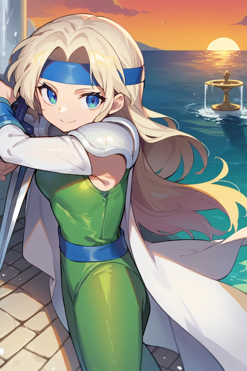 score_9, score_8_above, fountain_cheered up, 1 girl, solo break celes chhere, by rubio, Blue headband, green leotard, white coat, shoulder pads, wifes, neckline, looking at the viewer, SMILE, ocean, sunset, holding the sword, aboveper body