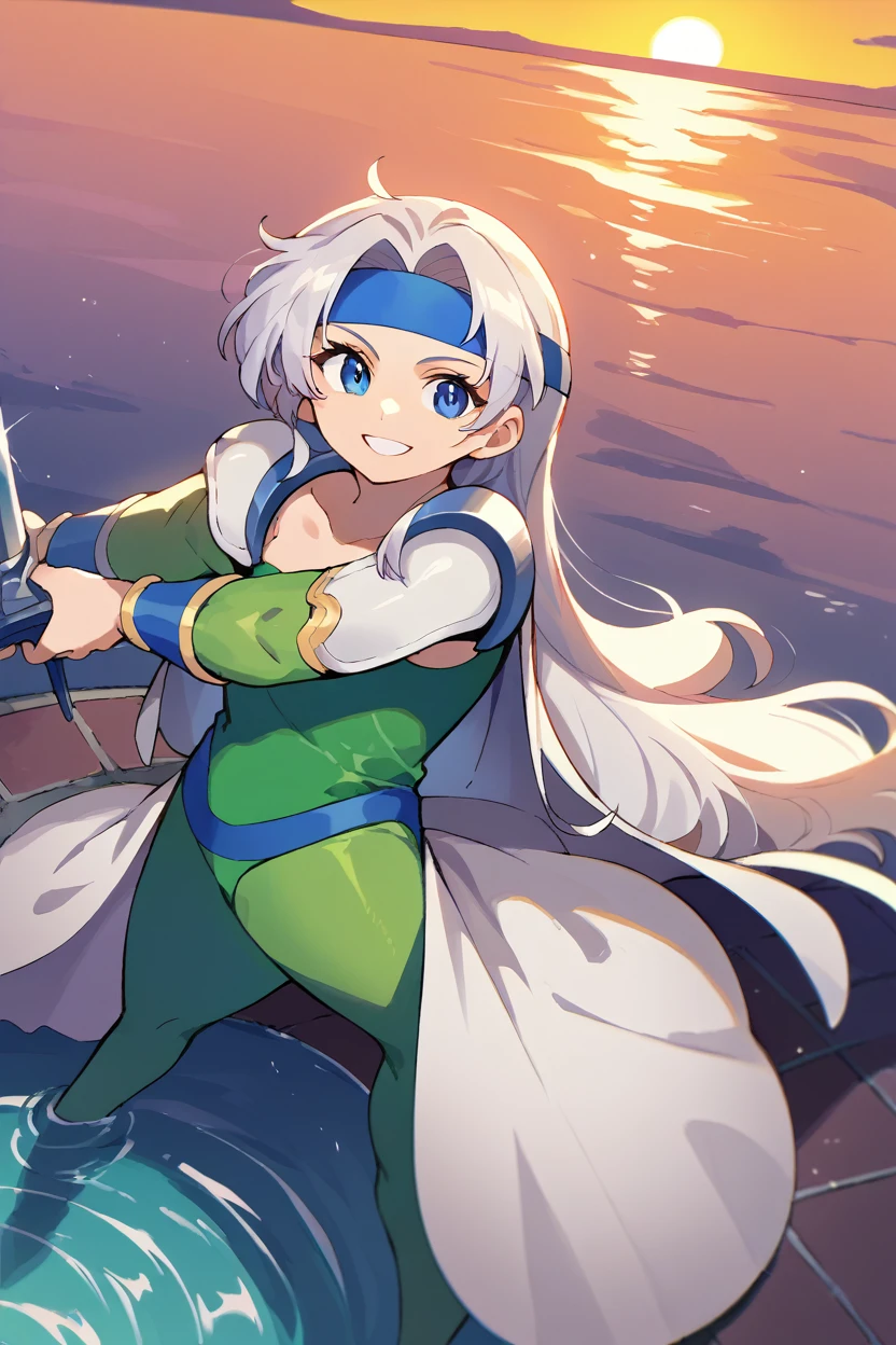 score_9, score_8_above, fountain_cheered up, 1 girl, solo break celes chhere, by rubio, Blue headband, green leotard, white coat, shoulder pads, wifes, neckline, looking at the viewer, SMILE, ocean, sunset, holding the sword, aboveper body