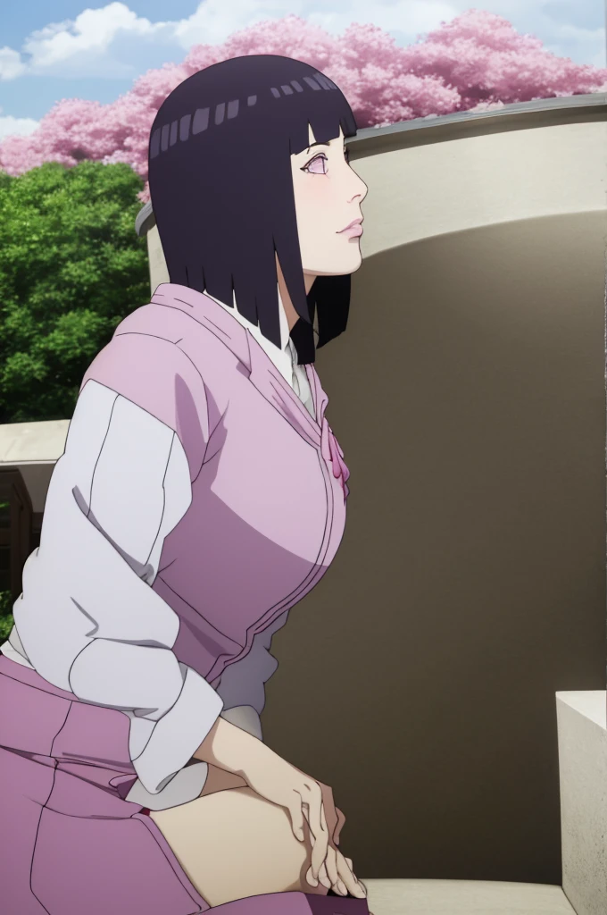 Masterpiece, nonsense, Hinata\(Boruto\), 1 girl, alone,mature woman, shoulder crop, outdoor, look at viewer, (petals falling), The sky is cloudy., perfect composition, details lips, big breast, Beautiful face, body proportions, Blush, (pink lips), long hair, purple eyes, soft stare, sad smile, Very realistic, details, photography, Realistic faces and bodies