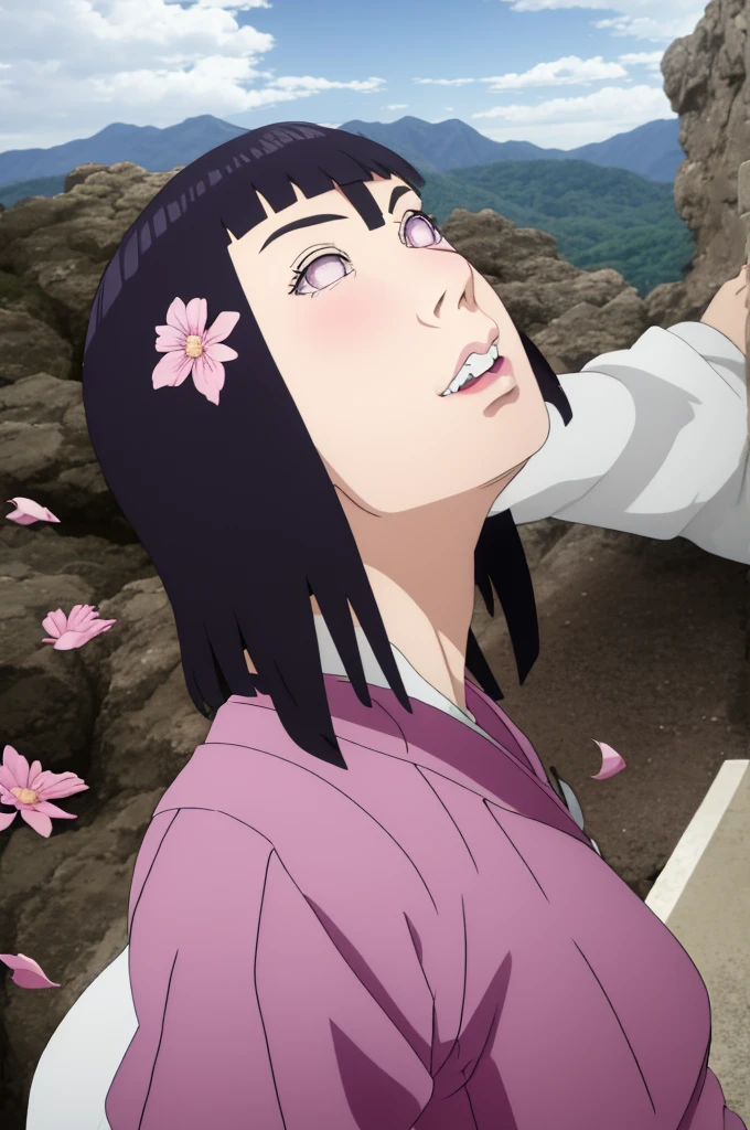 Masterpiece, nonsense, Hinata\(Boruto\), 1 girl, alone,mature woman, shoulder crop,  outdoor, look at viewer, (petals falling), The sky is cloudy., perfect composition, details lips, big breast, Beautiful face, body proportions, Blush, (pink lips), long hair,  purple eyes,  soft stare, sad smile,  Very realistic, details, photography, Realistic faces and bodies