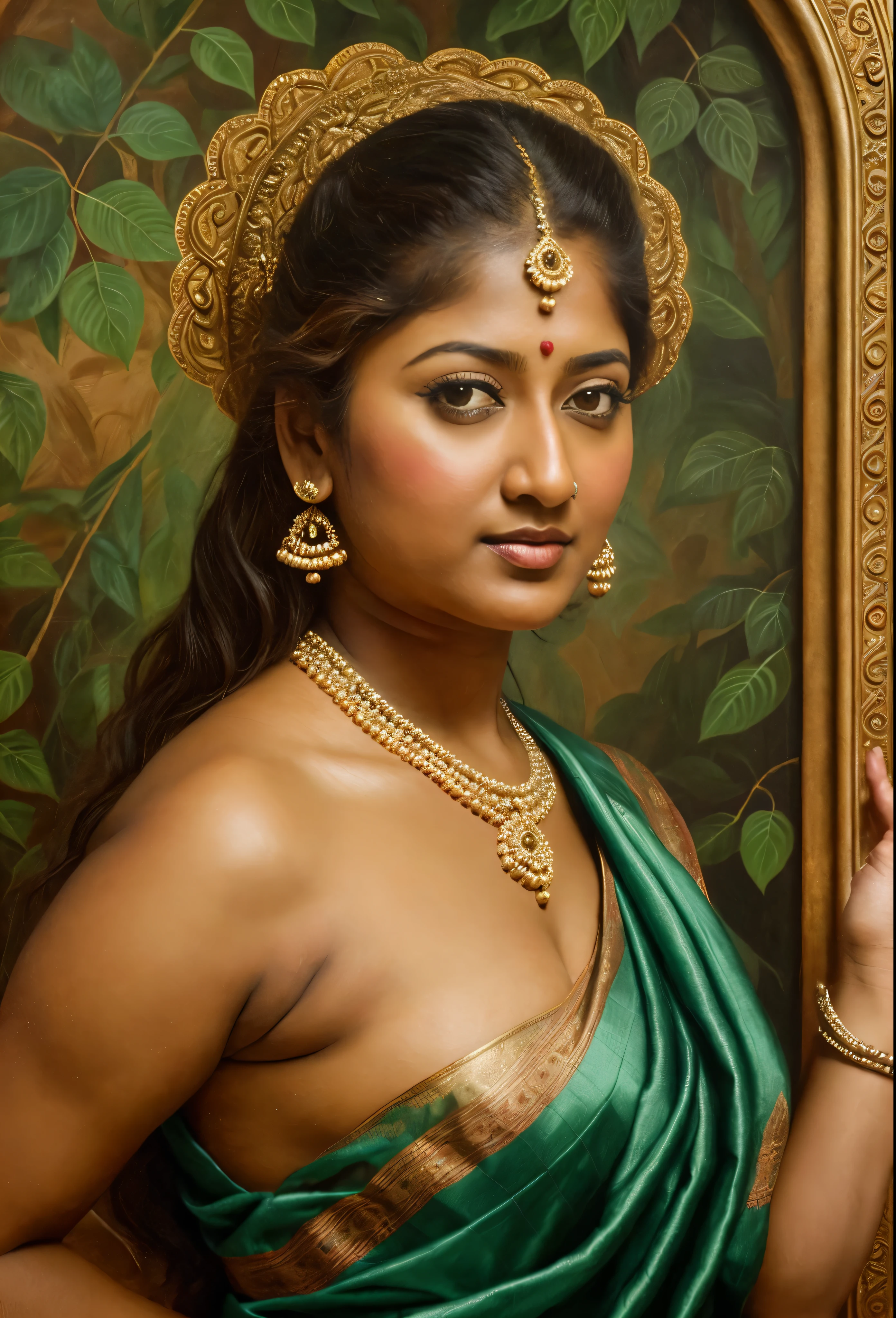 Looks like Nayanthara, exotic Indian art, inspired by oviyar maruthi style painting, inspired by mohanan manimala, Full figured beautiful woman, Apsara, Masterpiece, Beautiful Thick Woman, Best quality, high clarity eyes, critically flawless,sharp picture, Full portrait, High pixels, perfect face, perfect eyes, beautiful face, perfect hands,perfect fingers, in Peter Paul Rubens style, by Peter Paul Rubens, baroque style, acrylic on canvas, highly detailed, description: "Create a nymph inspired by the tales of Greek or Roman mythology, embodying the essence of a natural element or location, and possessing a unique ability or trait that sets her apart."