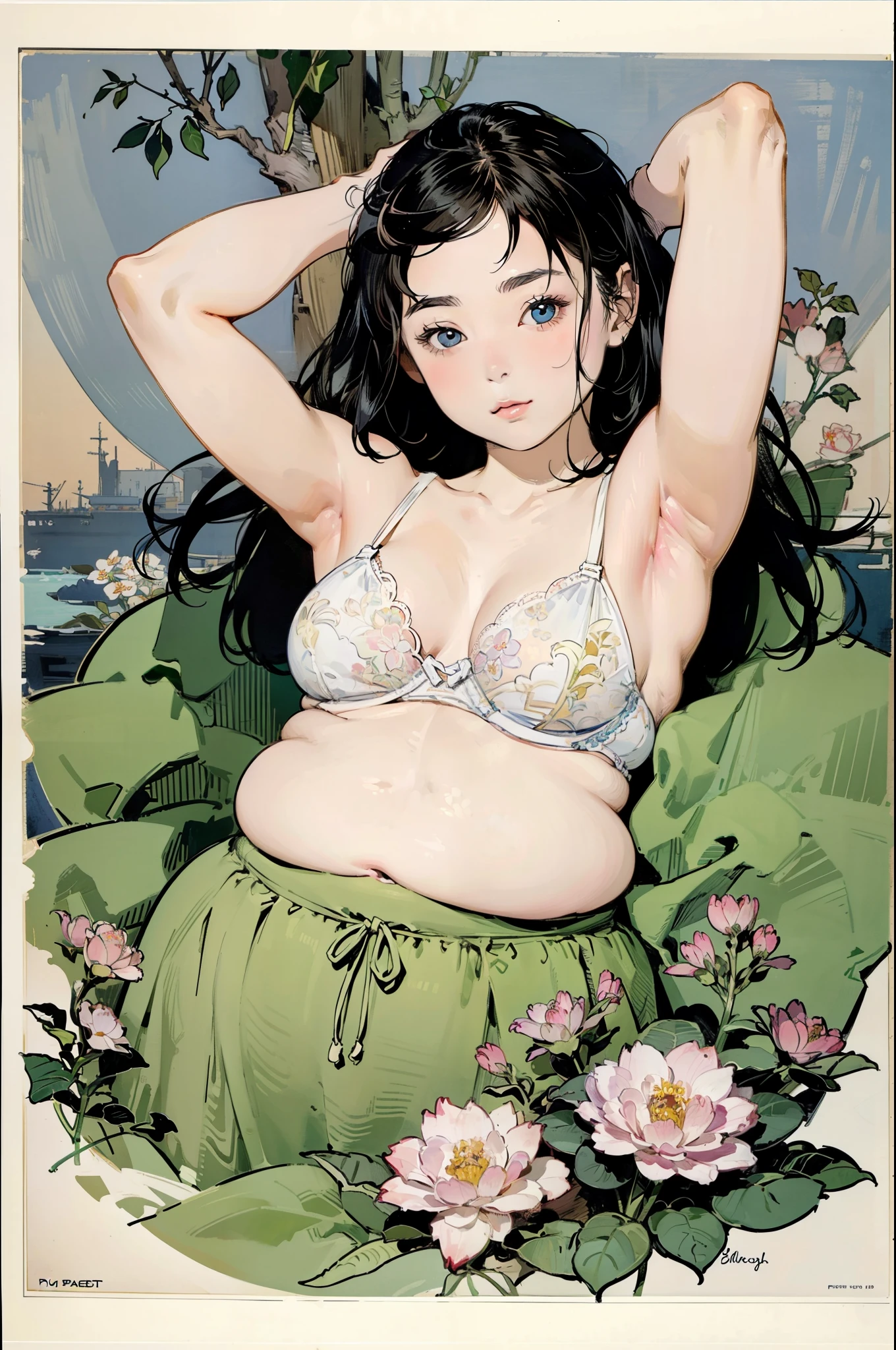 Detailed Background,Mucha style、Art Nouveau、Botanical Art,Flower Art,(Floral:1.2), (masterpiece, Highest quality),Vi良いnt colors,colorful, Highest quality, Amazing details, Anatomically correct, Line art, Written boundary depth,Flat Shading,Bokeh, girl, , ((Plump:1.2)), White bra、((Showing off your armpits)),Pussy, Expressive eyes、Perfect Face。 Black hair parted in the middle、short hair、she has a wide forehead。Embarrassing、She is blushing。Browsing Caution