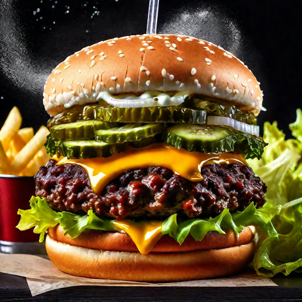 an amazing light and brite photo of gorgeous delicious { doubleburger, Lettuce, lots of melted cheese, chopped onion, pickle slices, and sesame seed bun.}, and a glass of cold coke {stick} (front, view), hyperrealistic, food photography, mc donalds ads style, gourmet, award winning photography, f2.8 55mm lens, vignette, day light, black wall and soft fire flames background, HDR, nordic style --ar 3:2 --V 5 --s 750 --q 2