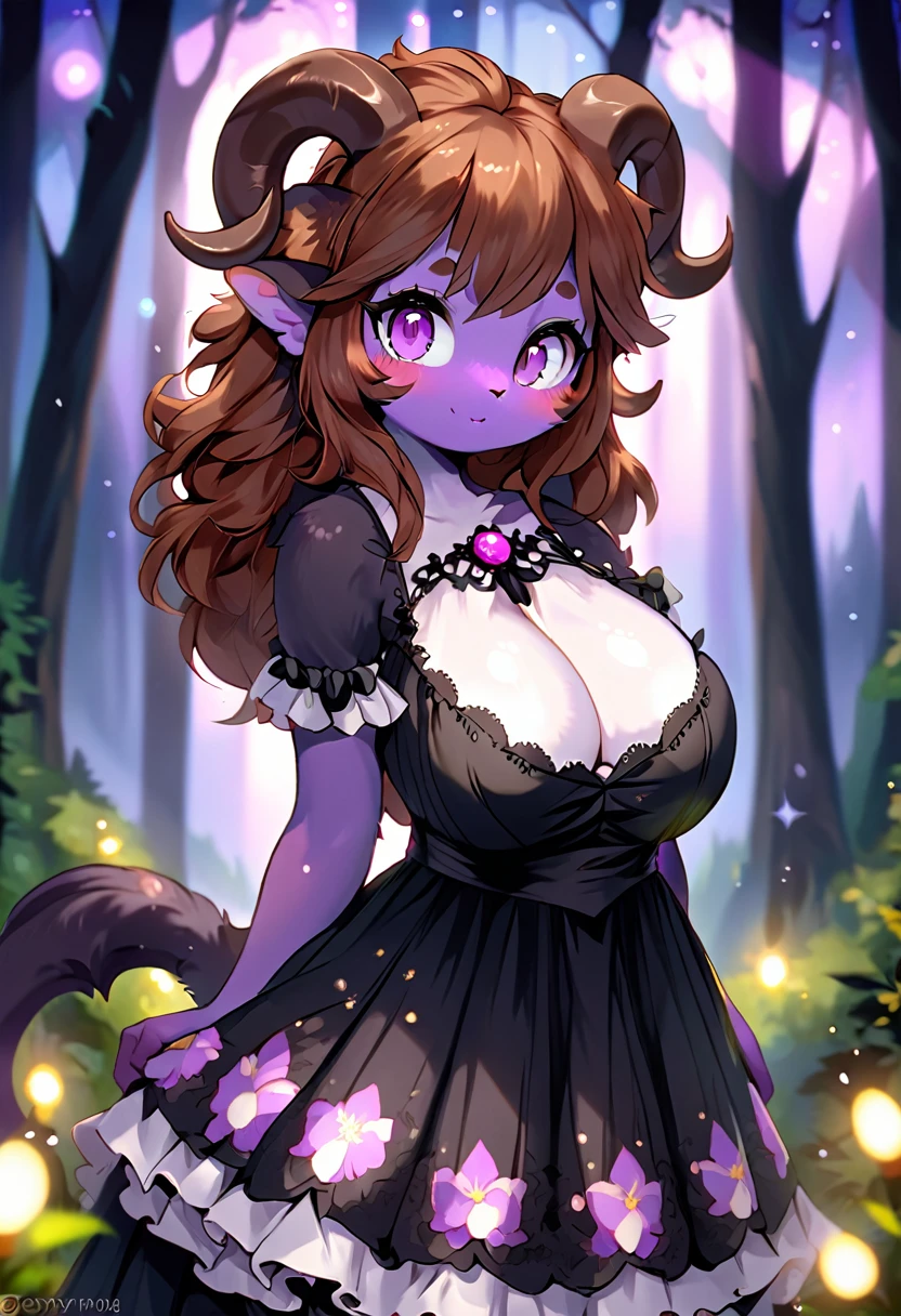 Satyr, female, purple skin, black fur, brown hair, black eyes, straight horns, vantablack dress. perky breasts, cleavage, Ultra HD, Rococo-Inspired Fantasy Art With Intricate Details. Cute, Charming Expression, Alluring-Gaze, looking at viewer Beautiful Eyes, An-Ideal-Figure. Large Youthful Well-Shaped-Breasts, Attractive ass showcased. Massive-Round-Bosom, Décolletage. slim waist, fit body, full lipsWarm lights , woman in a dreamy forest at night, (8K High Resolution) (top-quality)