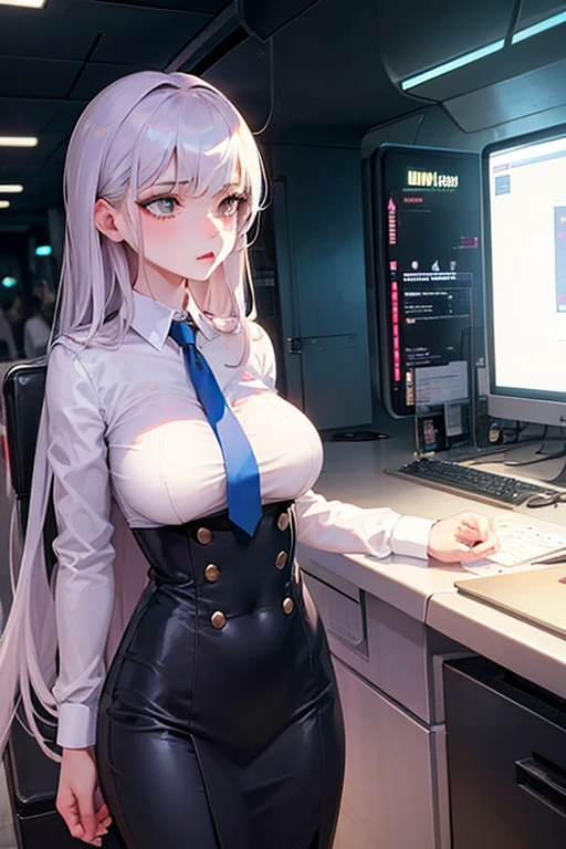 masterpiece, exquisite, (realistic, woman alone, alone, beautiful face, slender face, beautiful eyes), (breast) persona 3, female, big, G cup, silver hair, long hair, ponytail, school uniform, deep V neck, mini skirt, school classroom, slit eyes