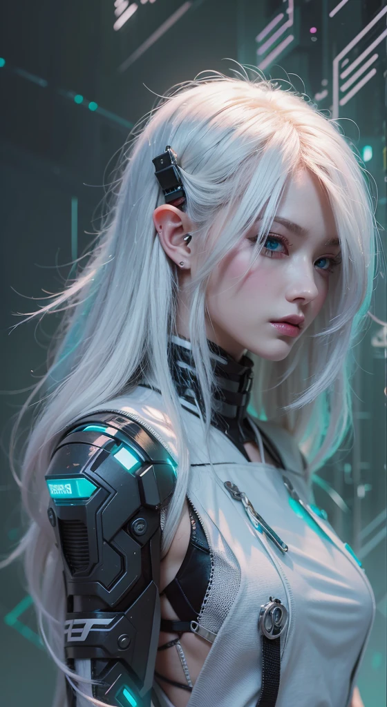 elf, cyberpunk hacker, white hair, gorgeous, Amazing, chic, intrikate, highy detailed, digitalpainting, art-station, conceptual artwork, sharp focus, illustration, art by ross tran