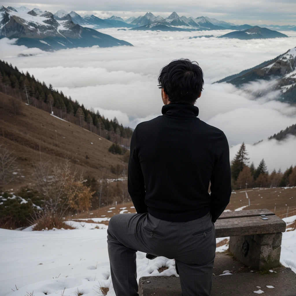 a boy with messy black hair facing his back wearing a black turtleneck and pants hearing a hood sitting on a bench on top of the mountain overlooking Switzerland at foggy morning in winter