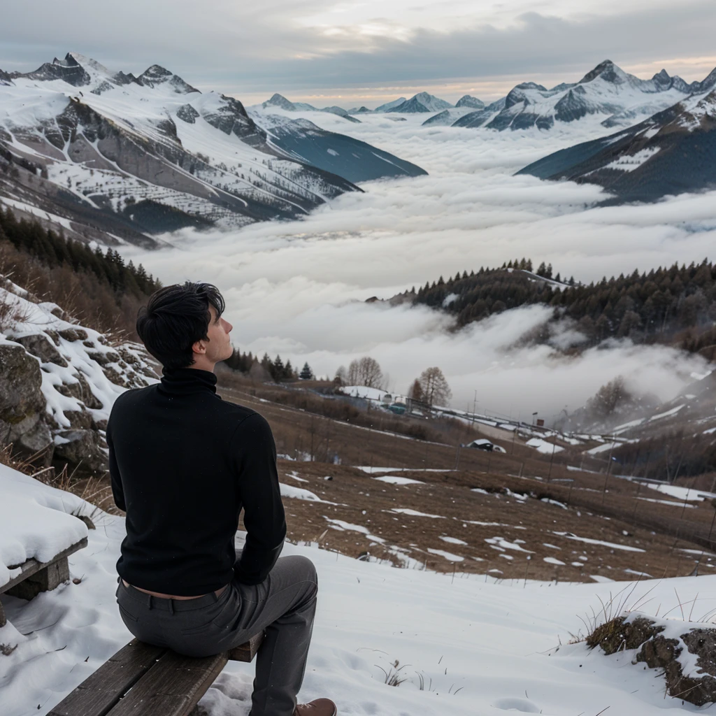 a boy with messy black hair facing his back wearing a black turtleneck and pants hearing a hood sitting on a bench on top of the mountain overlooking Switzerland at  foggy morning in winter