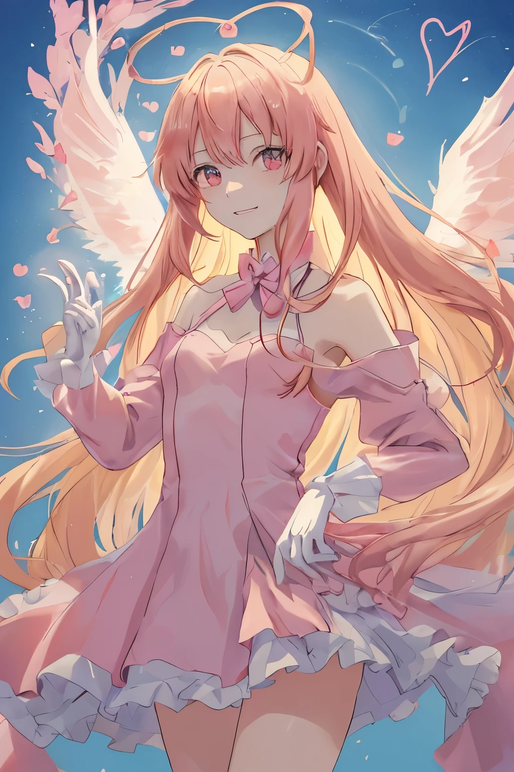 1_girl, (anime, kawai:2), (masterpeice, best_quality, simple, cute, dreamy, vibrant, clean:1.5), (cute, cute_smile, young:1.8), (delicate, beautiful, thin:1.5), (girlfriend, angel:1.6), (green_eyes, simple_eyes:1.5) (long_hair, blond_hair, wearing_pink_dress, pink_angel_wings, sexy_gloves:1.8), extremely_delicate, (love_magic:1.5), (age_size_fits_body), (small_thighs:1.3), (breasts), (eye_level:1.3), (heart_magic, love:1.5),