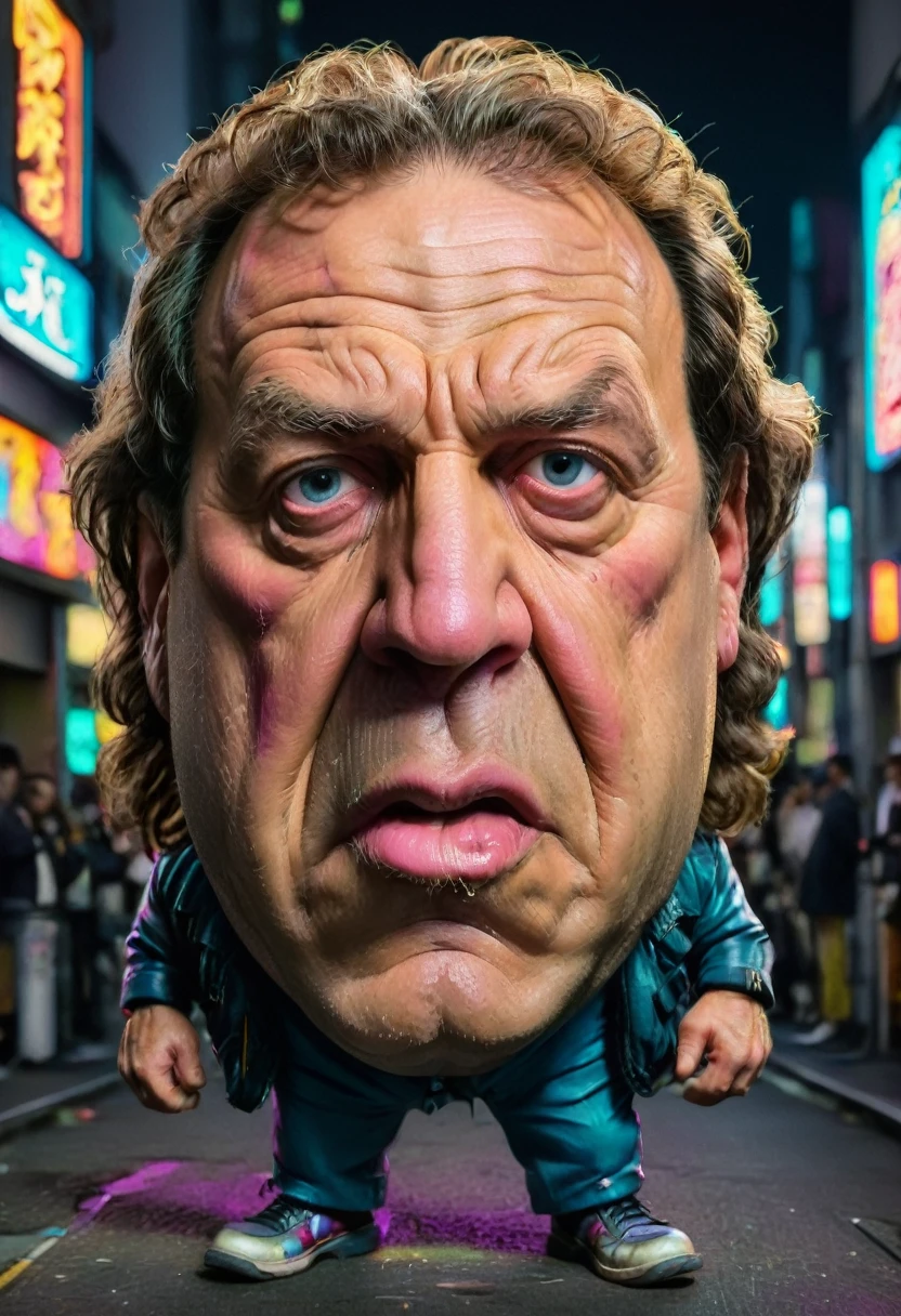 caricature full-length portrait in bright colors Brian Johnson with a large head and exaggerated features on a neon-lit Tokyo street  