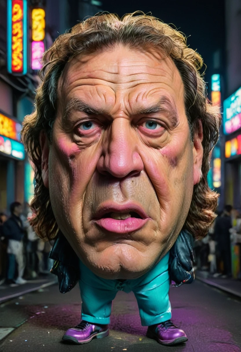 caricature full-length portrait in bright colors Brian Johnson with a large head and exaggerated features on a neon-lit Tokyo street  