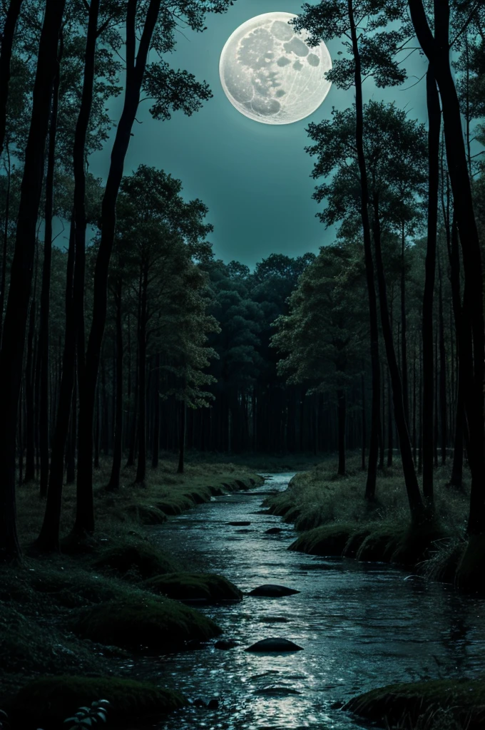 A full moon background a forest and a riverside in horror theme 