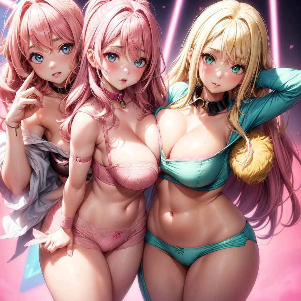 ((2 girls), Big round breasts, pink hair, blonde hair, light green eyes, big lips, eyebrow details, blush, mouth open, close up, looking at viewer, collar bone,, side by side, pink bra