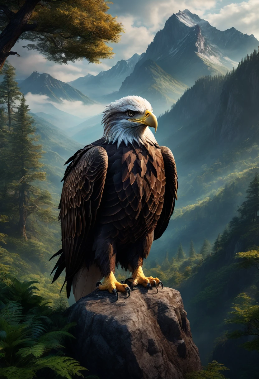 a majestic eagle-like creature with human hands perched atop a mountain, surrounded by lush forests, (best quality,4k,8k,highres,masterpiece:1.2),ultra-detailed,(realistic,photorealistic,photo-realistic:1.37),highly detailed animals,realistic lighting,fantasy creatures,dramatic lighting,cinematic composition,dynamic pose,beautiful feathers,intricate details,breathtaking scenery,moody atmosphere,vibrant colors,dramatic shadows