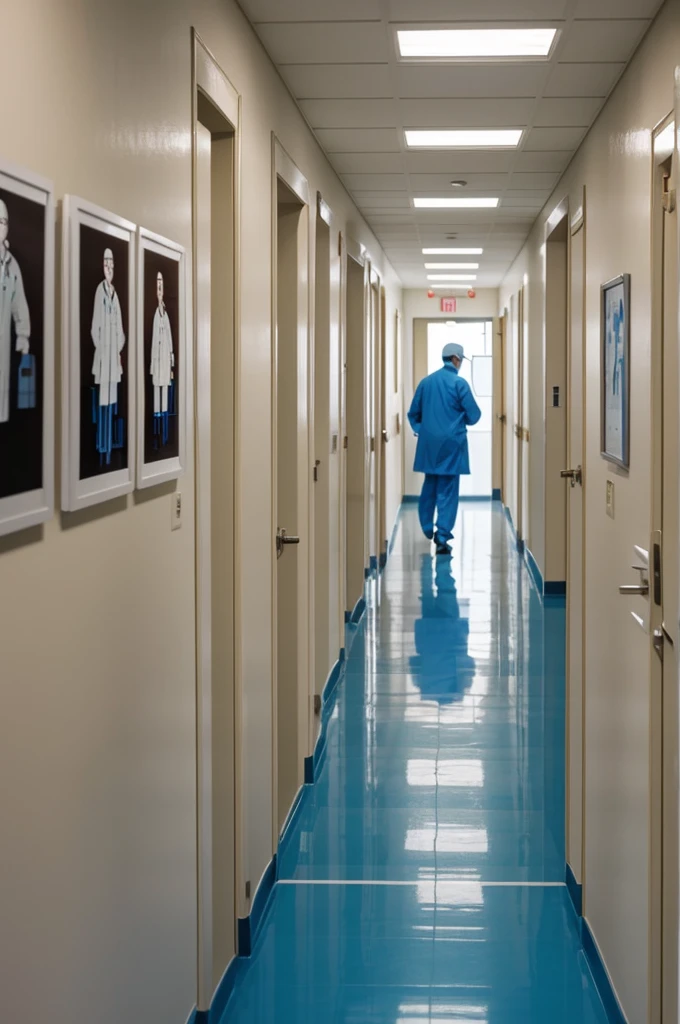 A painting where a doctor is seen walking through a hospital hallway with his back turned and the walls have pictures with sick patients on the sides.