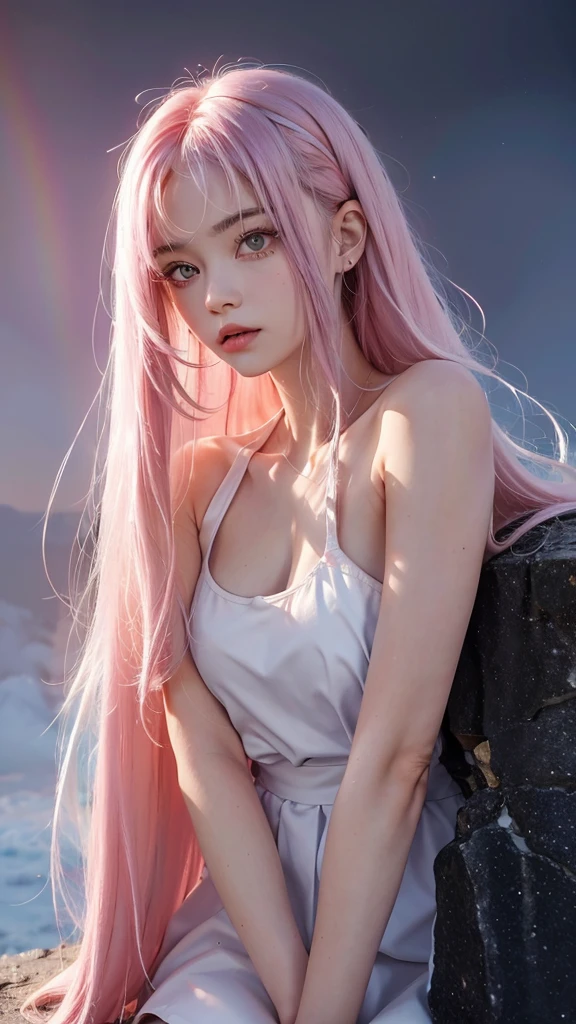 Background Sky with a rainbow, 20-year-old woman, Platinum-coloured hair, (High Top Fade:1.3), Shoulder-length hair,(Hair with pink gradation at the ends,) ((pale red eyes,)) Dark Theme, Calm tone, Calm colors, High Contrast, (Natural skin texture, Hyperrealism, Soft Light, sharp)smile,Large size white raincoat, Black tank top, long shot
