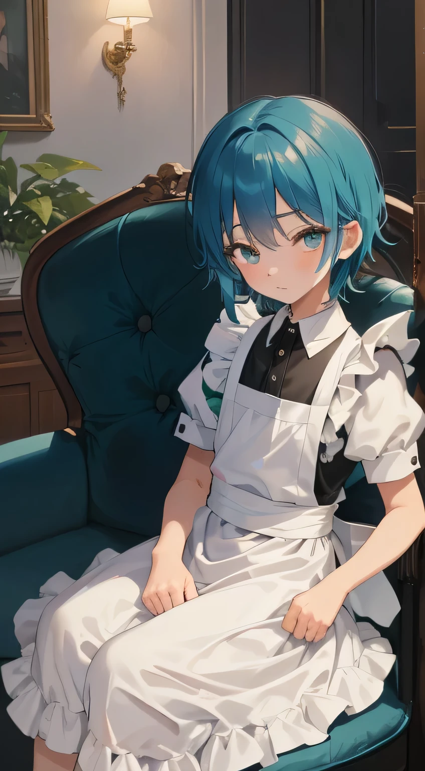 Highres, Masterpiece, Best quality at best,Best Quality,hight quality, hight detailed, ((1boy)), boy, 10-year-old boy, teenage boy, maid, maid dress, young boy, (sweat), (very young boy), (very small and short body), (aqua hair), (long hair), (focus), (background mansion), (morning)
