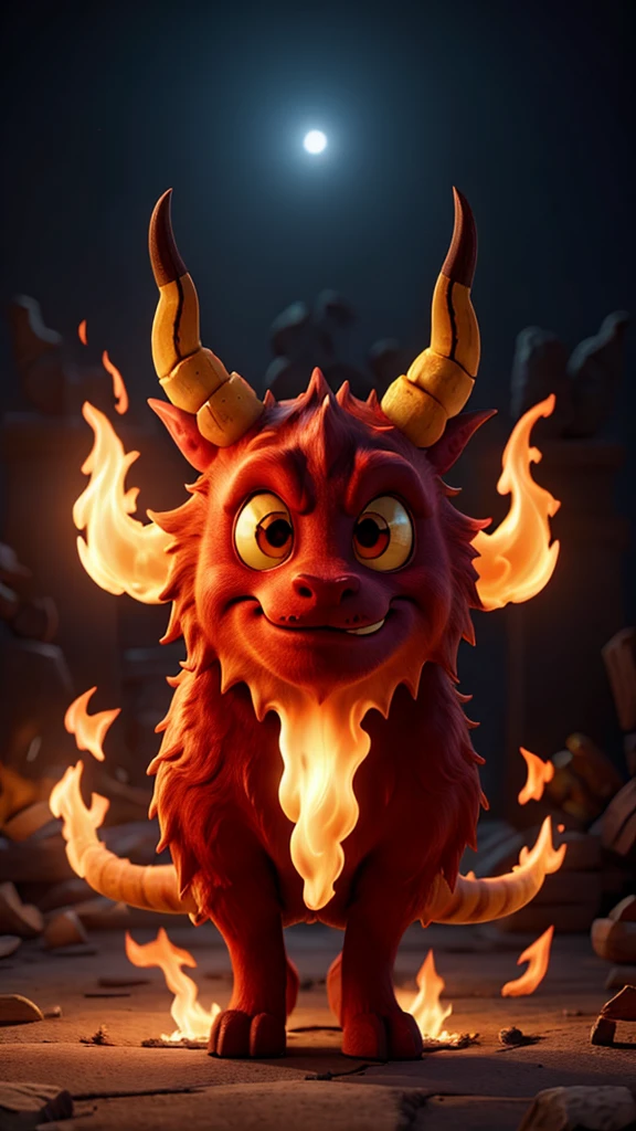 A beautiful two-horned demon made of fire, 8k perfectly rendered