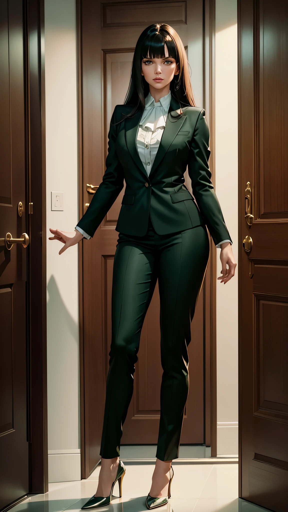 a beautiful woman in a stylish and modern apartment, long dark hair with bangs, green eyes, elegant lawyer clothes, dark suit with white blouse, high heels, standing at the door, extremely detailed, realistic, photorealistic, 4k, high quality, cinematic lighting, dynamic pose, intricate details, seamless composition, vivid colors, intricate textures, masterpiece, (Camera close to face)