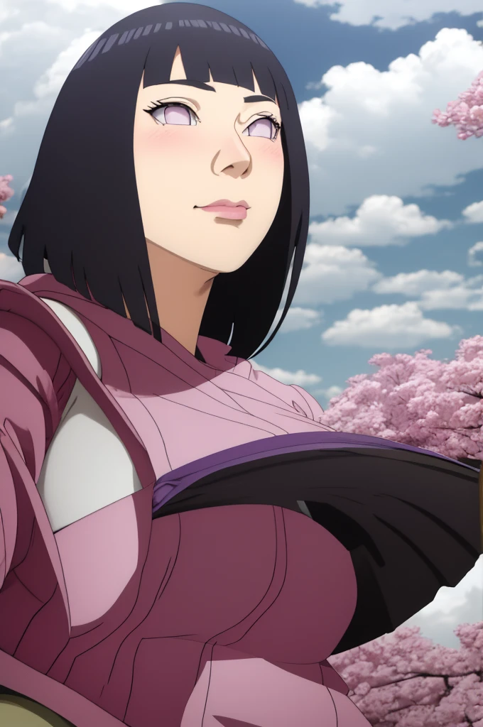 Masterpiece, Hinata\(Boruto\), 1 girl, alone,mature woman, shoulder crop,  outdoor, look at viewer, (petals falling), The sky is cloudy., perfect composition, details lips, big breast, Beautiful face, body proportions, Blush, (pink lips), long hair,  purple eyes,  soft stare, sad smile,  Very realistic, details, photography, Realistic faces and bodies