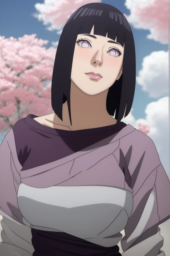 Masterpiece, Hinata\(Boruto\), 1 girl, alone,mature woman, shoulder crop,  outdoor, look at viewer, (petals falling), The sky is cloudy., perfect composition, details lips, big breast, Beautiful face, body proportions, Blush, (pink lips), long hair,  purple eyes,  soft stare, sad smile,  Very realistic, details, photography, Realistic faces and bodies