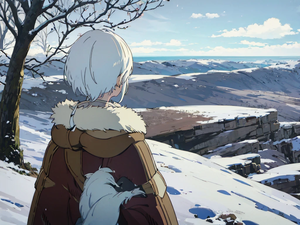 Fushi in the tundra with snow, from behind fushi, from his back, looking at the horizon