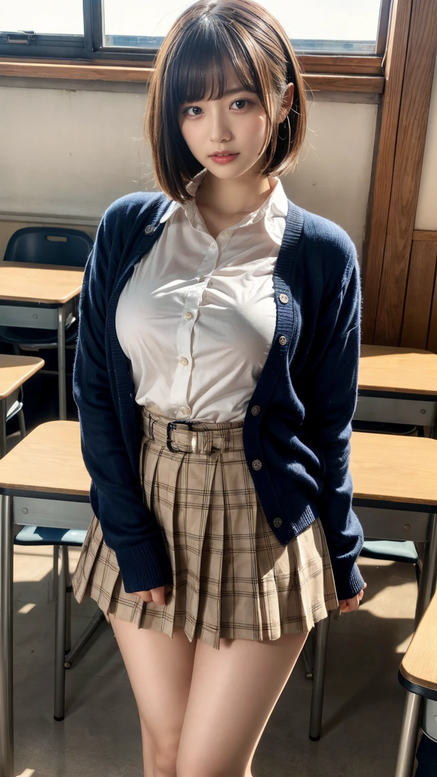 masterpiece, best quality, illustration, Super detailed, fine details, High resolution, 8K,wall paper, perfect dynamic composition,(Details High quality, realistic depiction of eyes:1.3), High School Classroom、High school girl uniform、Cardigan、Super Short Check Uniform Skirt、Navy blue high socks、garterbelts、Colossal tits、Disturbed uniform、short bob hair, black hair color, Big Natural Color Lip, bold sexy pose, (perfect body shape), crying a little、Harajuku style、20 year old girl、cute type, beautiful legs, hposing Gravure Idol, Voluptuous thighs