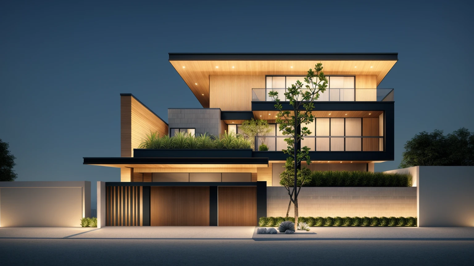 PLATFORM KTHOUSE, 1 morden villa, slope roof, main material of villa about build color wall:1.2 glass panel:1.1 and stone:1.2, 1large yard, 1 road runs in front of the house, (RAW photo, real, best quality, masterpiece:1.2), look morden minimalist, 1 road in front of the house, dynamic lighting:1.3, (hyper realistic, photo-realistic:1.2), high quality, (dark lighting:1.2), perfect lighting, archdaily, no human, light at 12 noon, light in door:1.2