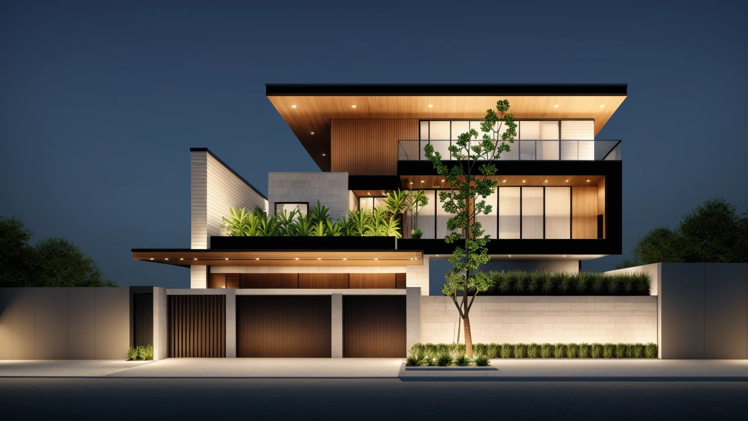 PLATFORM KTHOUSE, 1 morden villa, slope roof, main material of villa about build color wall:1.2 glass panel:1.1 and stone:1.2, 1large yard, 1 road runs in front of the house, (RAW photo, real, best quality, masterpiece:1.2), look morden minimalist, 1 road in front of the house, dynamic lighting:1.3, (hyper realistic, photo-realistic:1.2), high quality, (dark lighting:1.2), perfect lighting, archdaily, no human, light at 12 noon, light in door:1.2