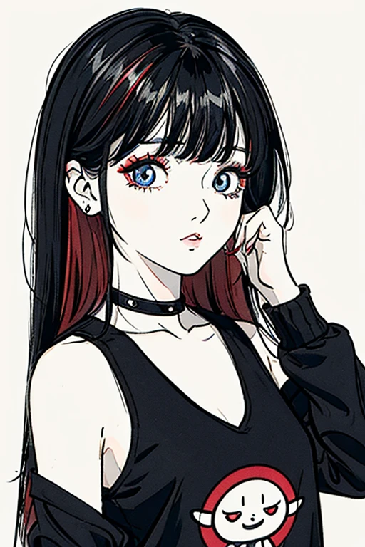 make a girl cartoon character that has a hair with red highlights in a black hair and a bangs, with a side labret piercing. from head to shoulder only, please include the side labret piercing