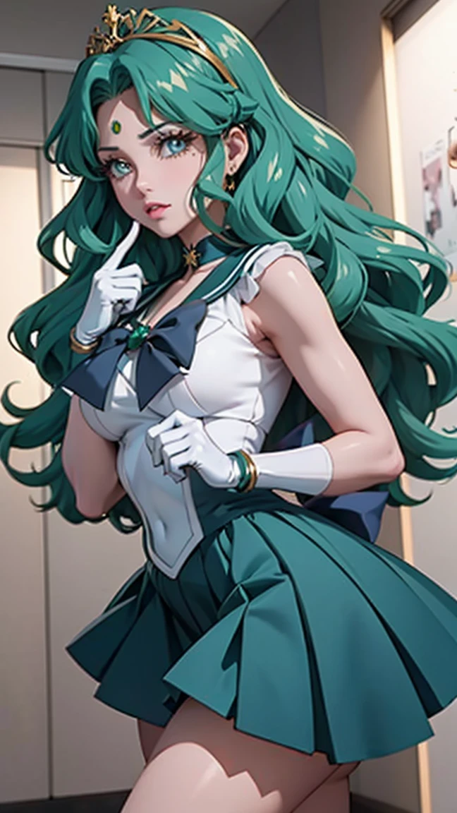 Hyper realistic photography is the full body of an elegant hot woman (sailor Neptune) inspired by the Sailor Moon anime, a Top Japanese supermodel, white skin, The face of a goddess, with long wavy teal hair and a graceful yet strong presence. wear a tiara with a blue gemstone, Beautiful and delicate eyebrows, and eyelashes, large eyes, Light brown eyes, Sexy Perfect lip shape, clear skin texture, perfect body, Busty woman full of charm, Golden ratio body type, perfect Big breasts Thin waist, (Tight brute waist), Cocked buttocks, (hip shape), She is dressed in a sailor-style uniform consisting of a white bodice, a dark green skirt, a dark blue bow on her chest, and a matching dark blue bow on her lower back. beautiful hands, She wears long white gloves that reach past her elbows, holds a mirror, (Perfect beautiful leg shape), long leg, green high heels, indoor, (Golden Noble Room), and vibrant colors. High quality, Super refined detail, Natural dimming, Light effect, Ultra-high res, 16K UHD, RAW photo.