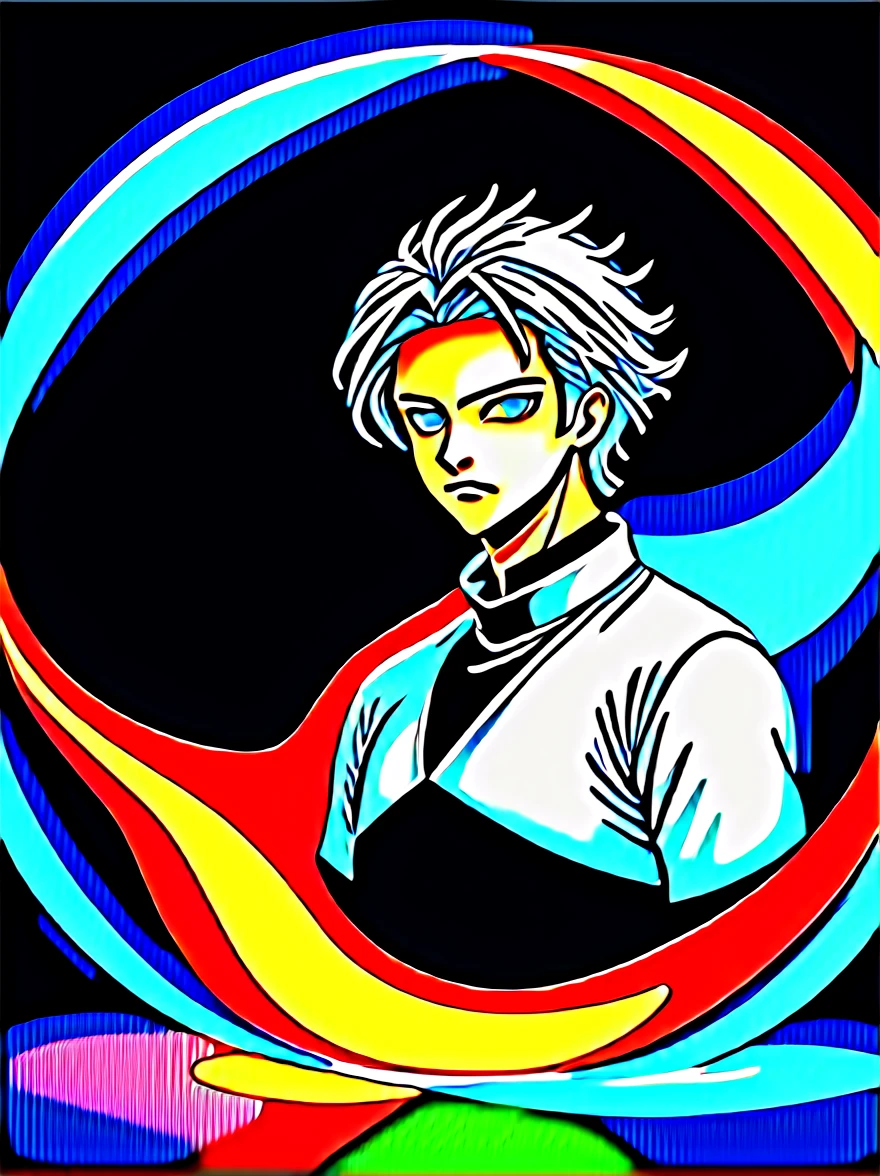 (1 male,gabimaru,Androgynous short hair,white hair,White ninja costume,Gabimaru is a slim androgynous man,beautiful,Droopy eyes,Dark circles under the eyes,Listless),Midori Ishida's painting style,Moderate dirt,Intricate details,,Decadent,artwork,rendering,,(masterpiece:1.3),(highest quality:1.4),(Super detailed:1.5),High resolution,Very detailed,unity 8k wallpaper,Dark fantasy,Glare,Fighting Style,BREAK,The ninja outfit that Gabimaru is wearing is white.,The collar and cuffs are black.