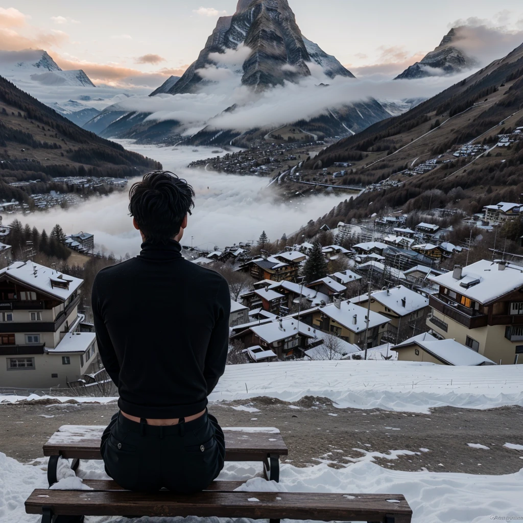 a boy with messy black hair facing his back wearing a black turtleneck and pants hearing a hood sitting on a bench on top of the mountain overlooking zermatt Switzerland at foggy morning in winter