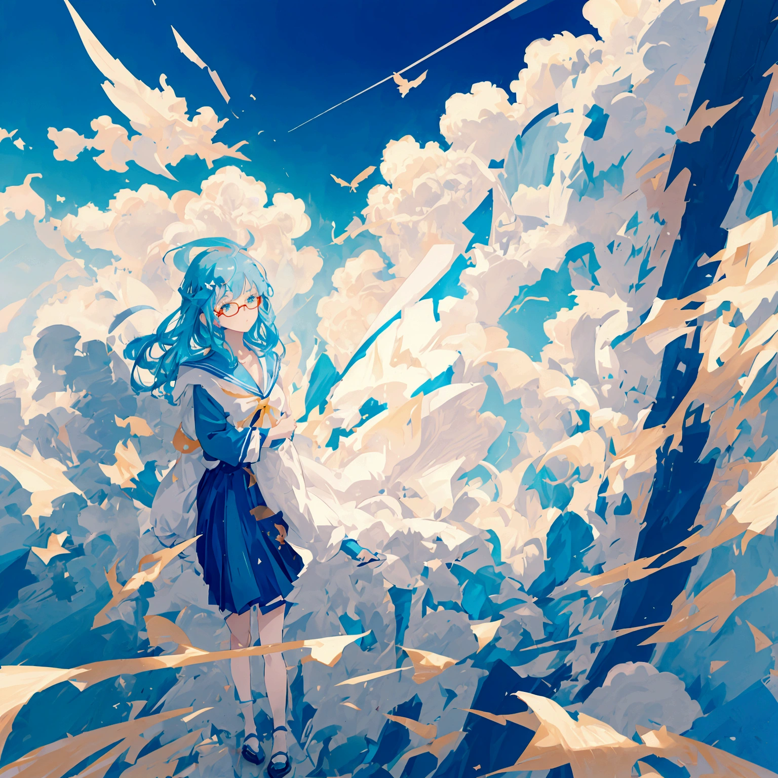 anime girl flying through the air with a blue and white dress with glasses, trending on artstation pixiv, splash art anime , zerochan art, pixiv contest winner, digital art on pixiv, guweiz on pixiv artstation, anime art wallpaper 8 k, clean detailed anime art, anime fantasy illustration, beautiful anime artwork, anime face, masterpiece, high quality, detailed face, realistic skin