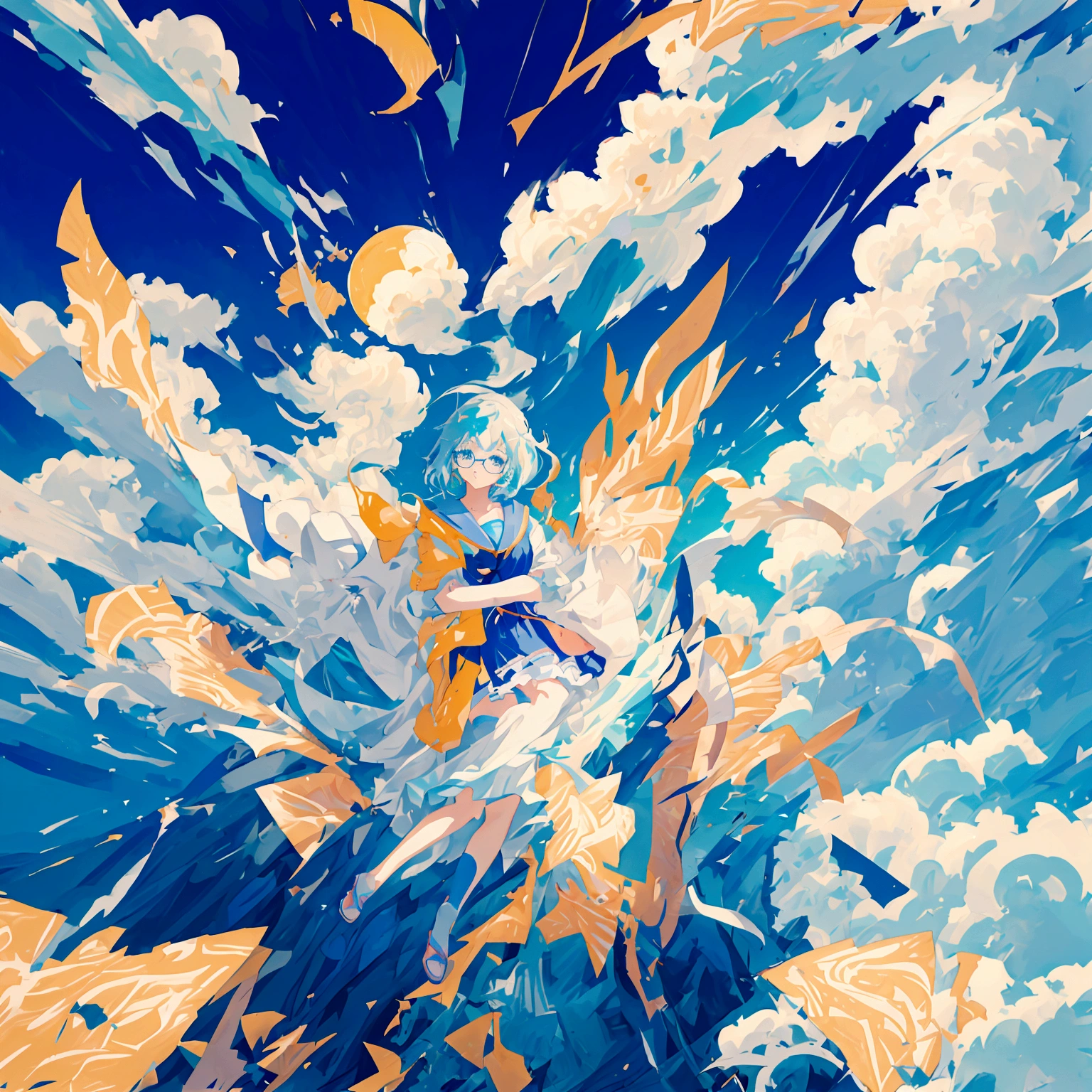 anime girl flying through the air with a blue and white dress with glasses, trending on artstation pixiv, splash art anime , zerochan art, pixiv contest winner, digital art on pixiv, guweiz on pixiv artstation, anime art wallpaper 8 k, clean detailed anime art, anime fantasy illustration, beautiful anime artwork, anime face, masterpiece, high quality, detailed face, realistic skin