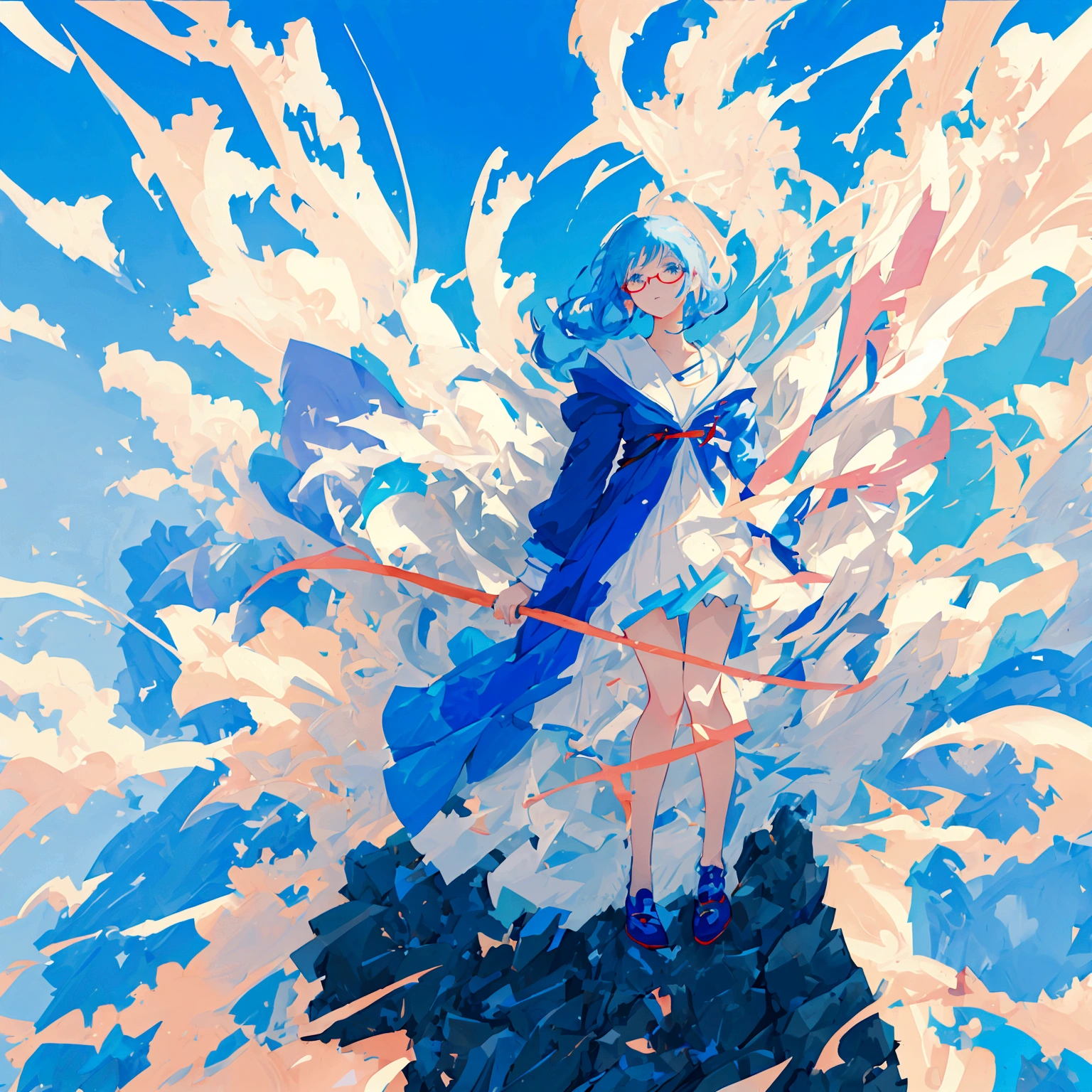 anime girl flying through the air with a blue and white dress with glasses, trending on artstation pixiv, splash art anime , zerochan art, pixiv contest winner, digital art on pixiv, guweiz on pixiv artstation, anime art wallpaper 8 k, clean detailed anime art, anime fantasy illustration, beautiful anime artwork, anime face, masterpiece, high quality, detailed face, realistic skin