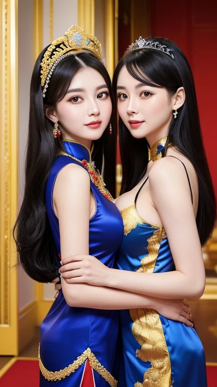 (((Two Chinese beauties)))、((Standing side by side))、((The beautiful woman on the right is wearing a bright red outfit))、(((The beauty on the left is wearing a royal blue outfit.)))、((Two beautiful women in different colored costumes))、((Two people touching cheeks))、((A good friend))、21 years old、(Very heavy makeup:1.2)、(Slanted Eyes:1.3)、(long narrow eyes:1.3)、Shiny Hair、Glowing Skin、Very white skin、Jet Black Hair、Straight long hairstyle、Big eyes、Double eyelids、Luxury Chinese palace、(Standing in the palace corridor)、(Golden luxurious hair ornament)、(Patterned costume of a Chinese queen)、Luxurious and gorgeous、(huge breast:1.3)、(Exposed Skin:1.4)、(Smile with your mouth closed)、((Angle of view from chest up))、((right side girl brilliant red))、((left side girl royal blue))