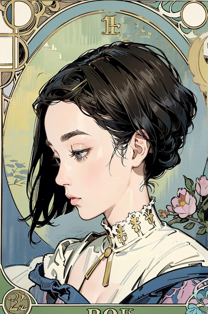 Detailed Background,Mucha style、Art Nouveau、Tarot Cards、Botanical Art,Flower Art,(Floral:1.2), (masterpiece, Highest quality),Vibrant colors,colorful, Highest quality, Amazing details, Anatomically correct, Line art, Written boundary depth,Flat Shading,Bokeh, girl, ************,, ((Plump)).profile、She has black hair。she has a wide forehead。She has no bangs。(Short Bob）。Brow wrinkles。nsfw