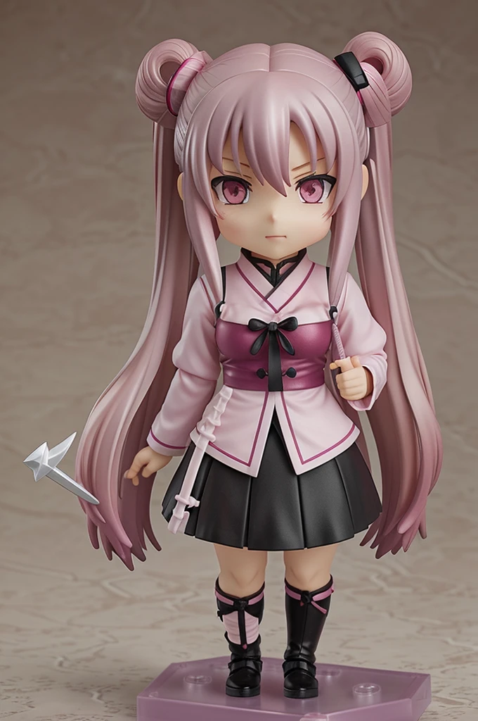 A demon slayer anime nendoroid in its box,who has long, tuberous hair with pink tips,caught in pigtails,wine-colored uniform,haori rosa,pink eyes,parts,blushing cheeks,pink lips and dark circles