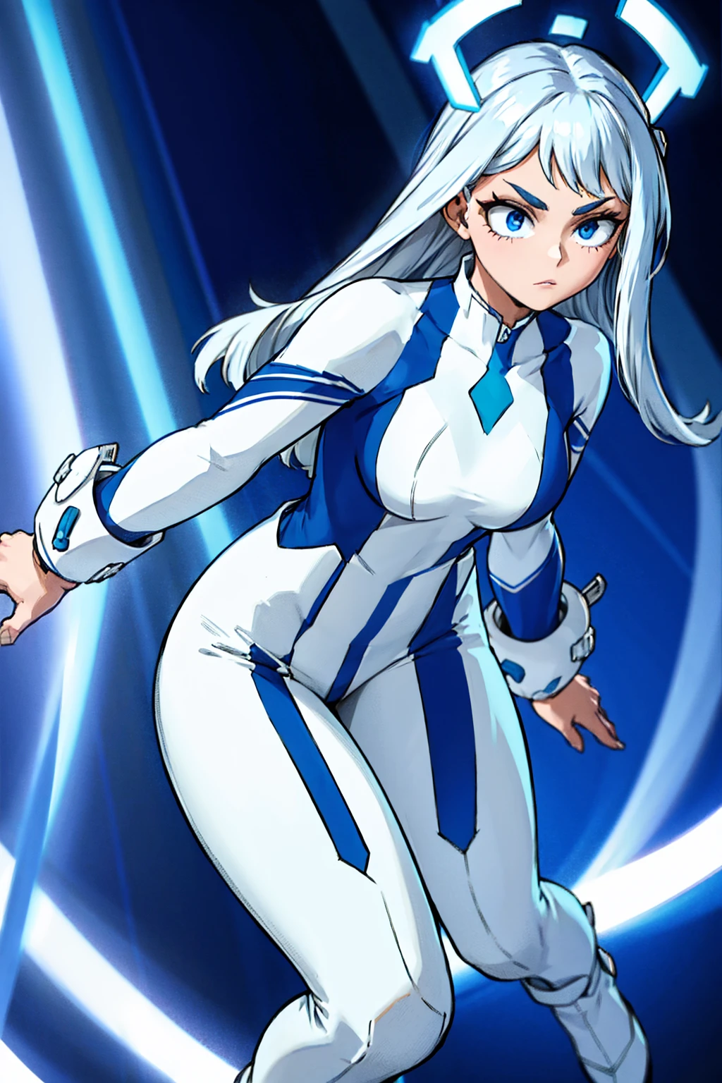 White attire, Hero costume, white and blue color costume, black and white details, fundo cinza, detailded.