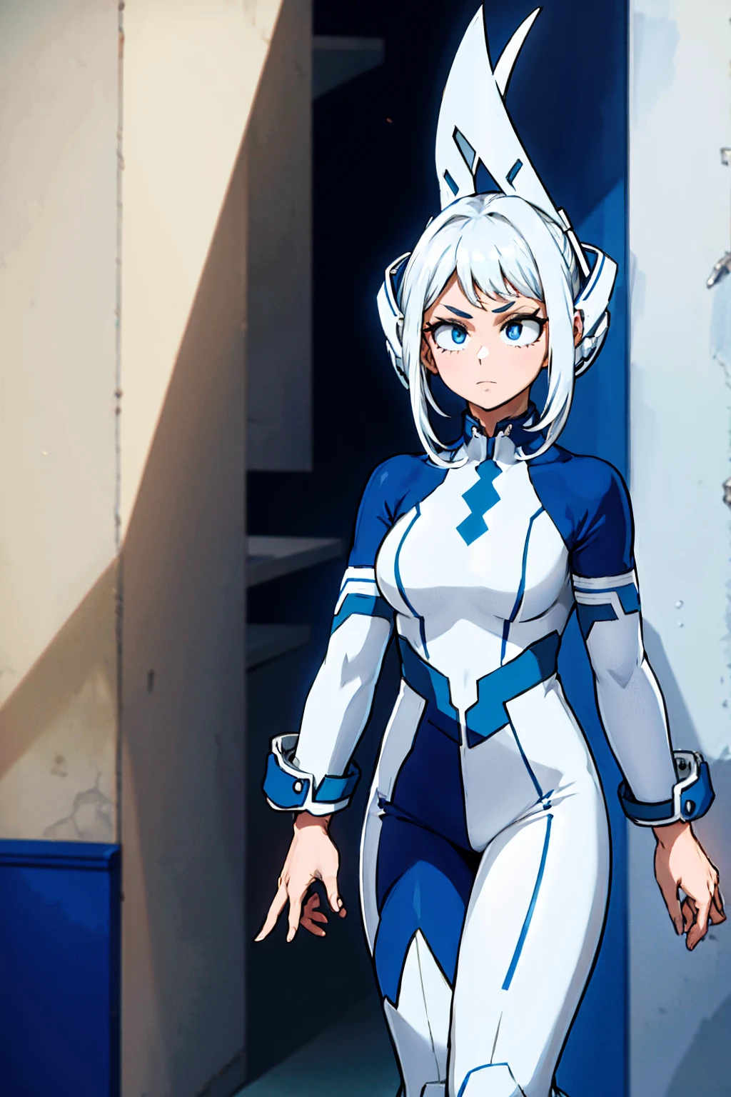 White attire, Hero costume, white and blue color costume, black and white details, fundo cinza, detailded.