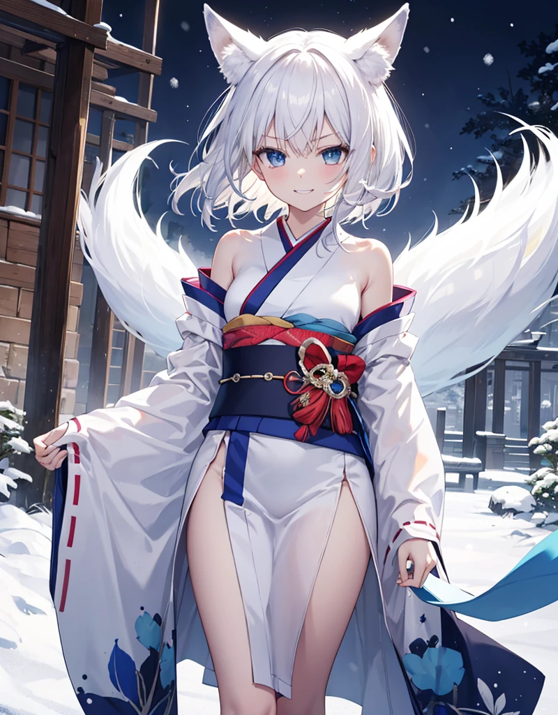 [[[ ultra-detailed, best quality, soft skin, beautiful, 4K]]] white hair,perfect blue eyes, tied-up hair, slender body, dynamic angle, chainmail, white and blue loose kimono, white fox ears, calm expression, female, snowy palace gardens background, serious expression. walking angle, ((little horny smile)), bare shoulders, 