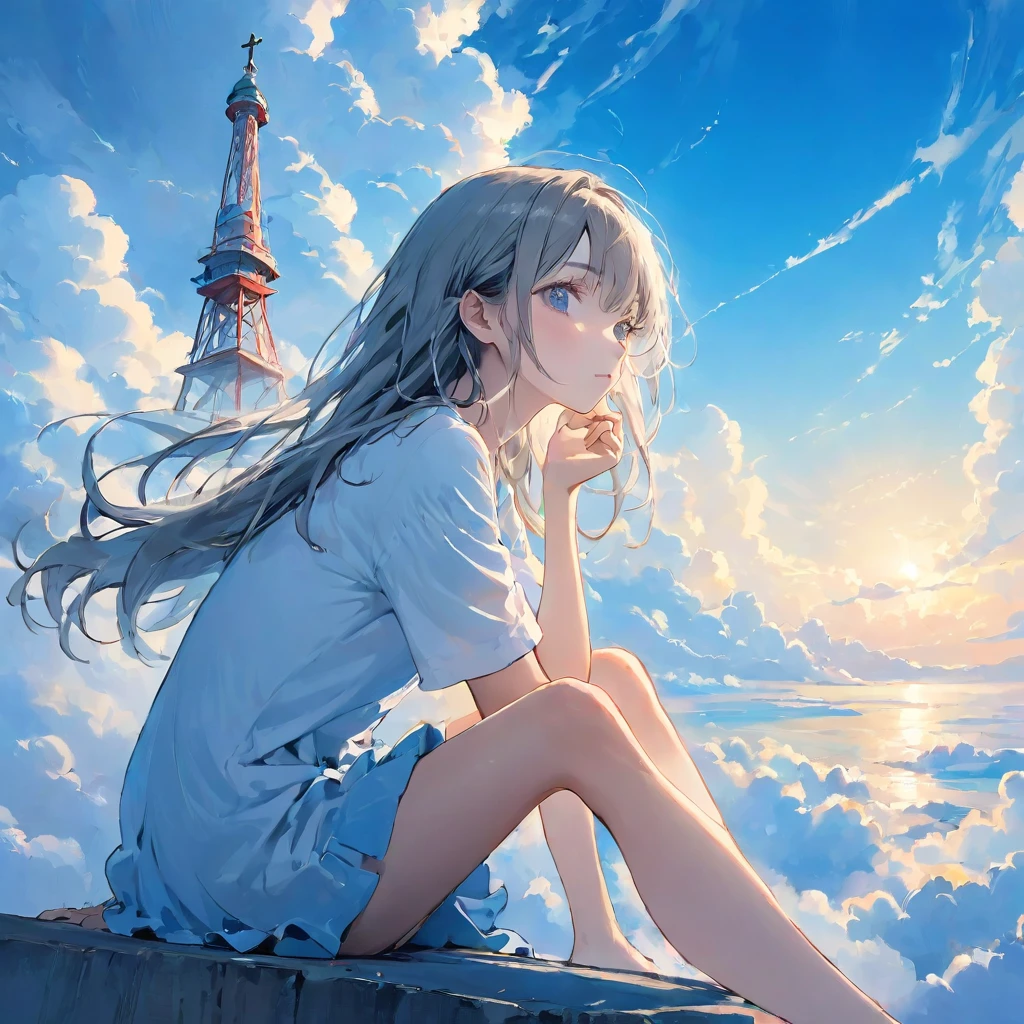 finely detailed illustration, vibrant color,High resolution、8k、pretty girl、One Girl、Perfect and detailed eye drawing、Highest quality、masterpiece、detailed eye and face, A thin tower stretching high into the sky、Cylindrical tower、sea of clouds、blue sky、Sitting cross-legged、Hair blowing in the wind、Gray Hair、Girl staring into the distance、White clothes、barefoot、Full body angle、sea of clouds