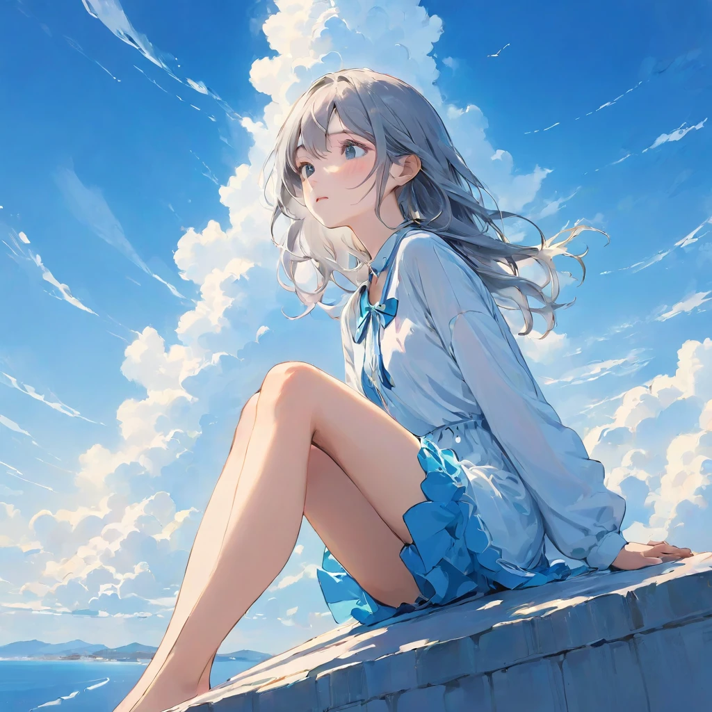 finely detailed illustration, vibrant color,High resolution、8k、pretty girl、One Girl、Perfect and detailed eye drawing、Highest quality、masterpiece、detailed eye and face, A thin tower stretching high into the sky、Cylindrical tower、sea of clouds、blue sky、Sitting cross-legged、Hair blowing in the wind、Gray Hair、Girl staring into the distance、White clothes、barefoot、Full body angle、sea of clouds
