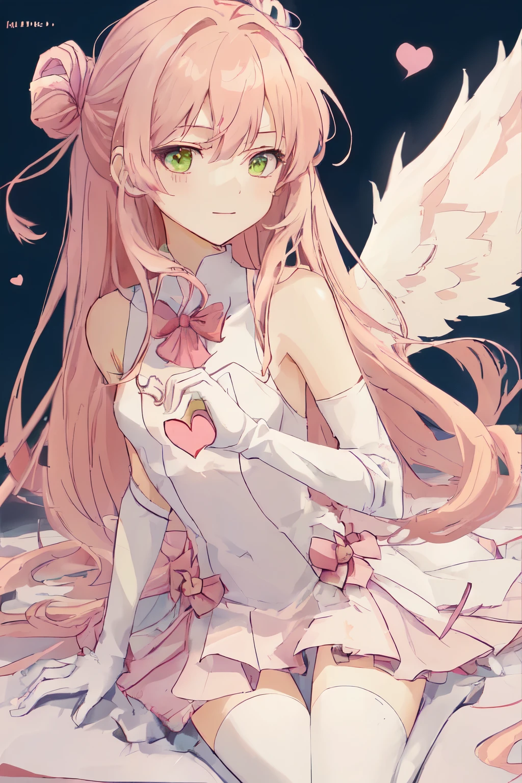 1_girl, (anime, kawai:2), (masterpeice, best_quality, clean:1.5), (sky_background:1.2), (cute, cute_smile, young:1.5), (delicate, extremely_delicate, beautiful, thin:1.5), (girlfriend, angel:1.8), (green_eyes, simple_eyes:1.8) (long_hair, blond_hair, wearing_pink_dress, pink_angel_wings, sexy_gloves:1.5), extremely_delicate, (love_magic:1.5), (age_size_fits_body), (small_thighs:1.3), (breasts), (eye_level:1.3), (heart_magic, love:1.5), (folded_legs:1.5), (combat, seductive_combat:1.5)