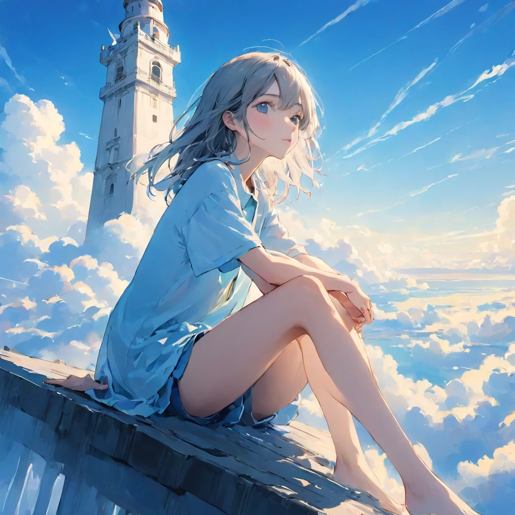 finely detailed illustration, vibrant color,High resolution、8k、pretty girl、One Girl、Perfect and detailed eye drawing、Highest quality、masterpiece、detailed eye and face, A thin tower stretching high into the sky、Cylindrical tower、sea of clouds、blue sky、Sitting cross-legged、Hair blowing in the wind、Gray Hair、Girl staring into the distance、White clothes、barefoot、Full body angle、sea of clouds